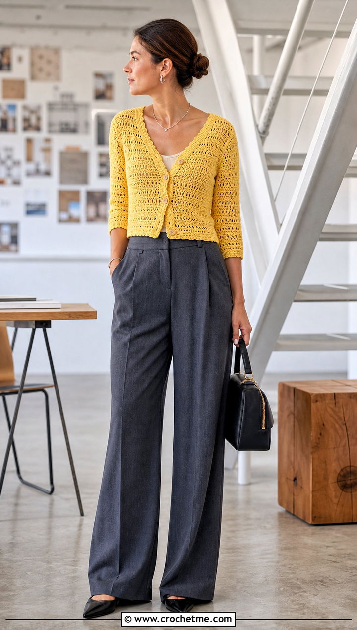 Cropped Crochet Cardigan With Wide Leg Trousers - 30 diy crochet cardigan outfit ideas