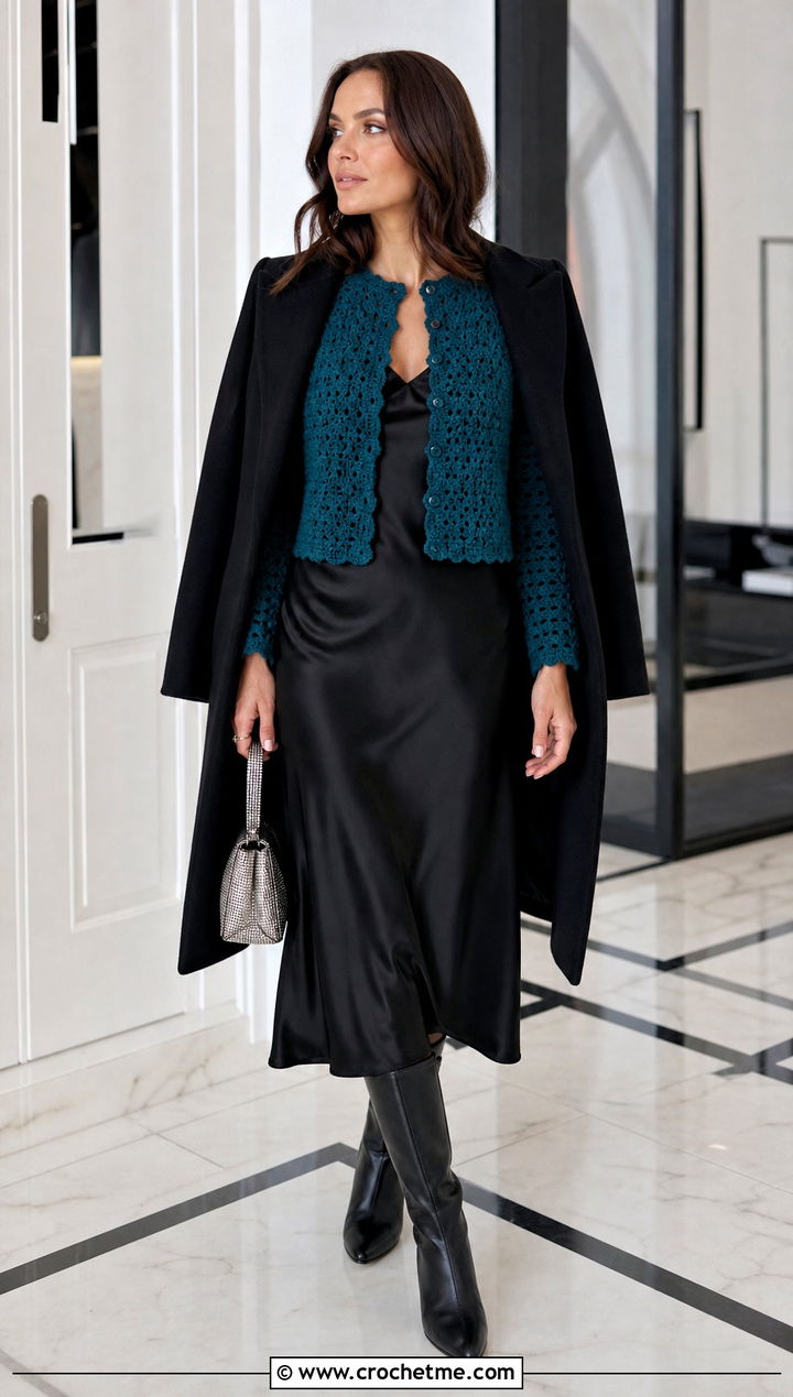 Cropped Crochet Cardigan With a Slip Dress - 35 Crochet Winter Outfits ideas