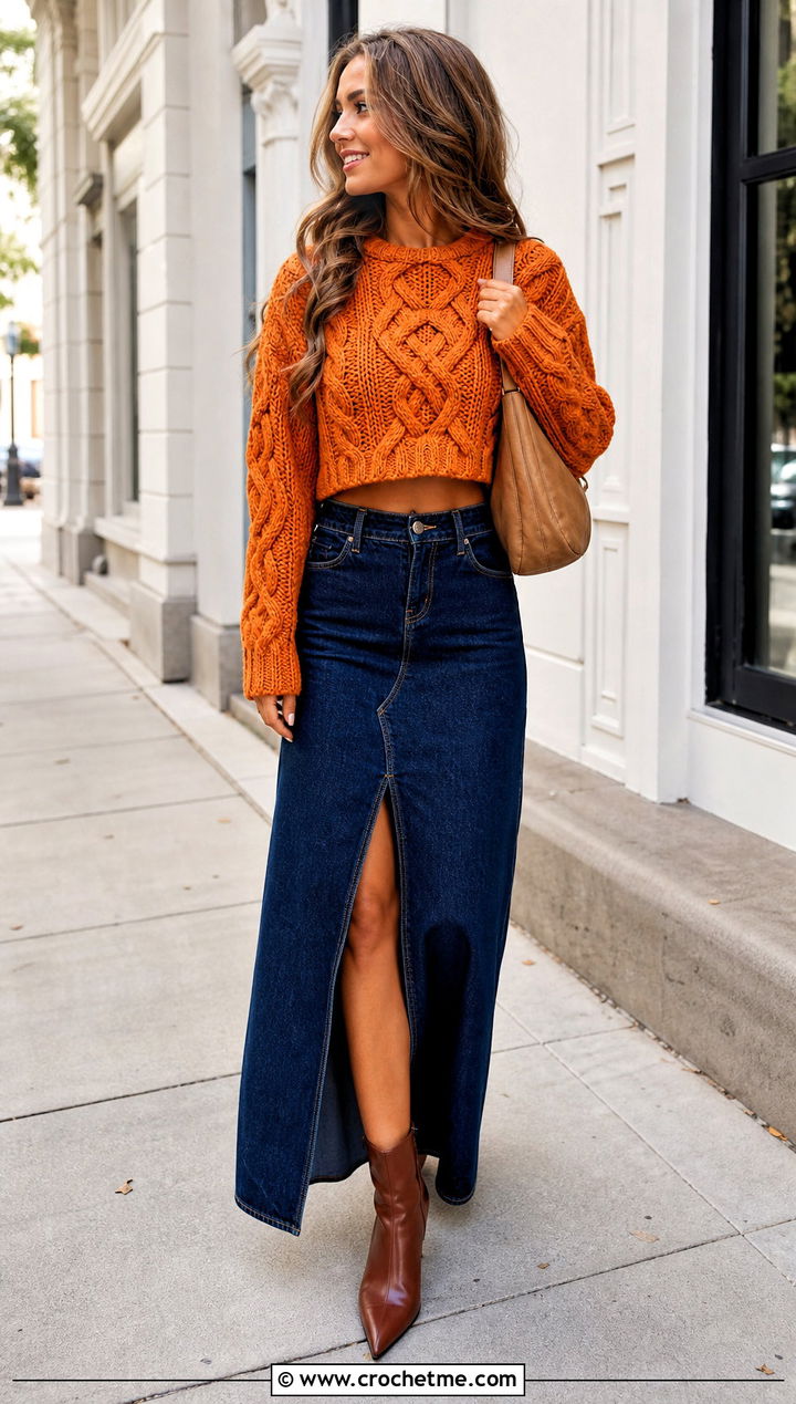 Cropped Crochet Celtic Sweater With Denim Maxi Skirt - 15 Crochet Celtic Sweater outfit ideas