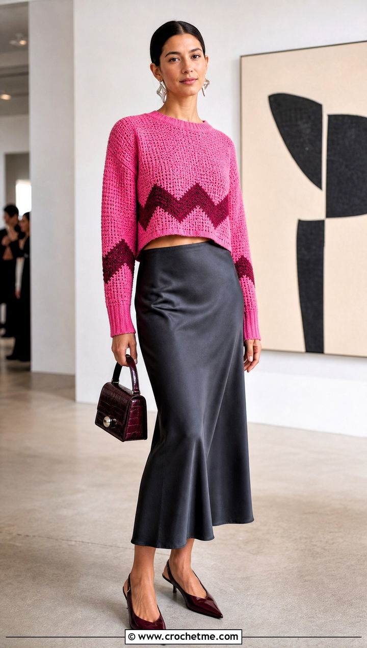Cropped Crochet Charlie Brown Sweater With Satin Midi Skirt - 15 Crochet Charlie Brown Sweater outfit ideas