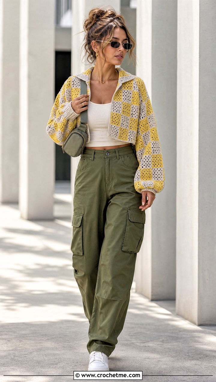 Cropped Crochet Checker Sweater With Cargo Pants - 25 Crochet Checker Sweater outfit ideas