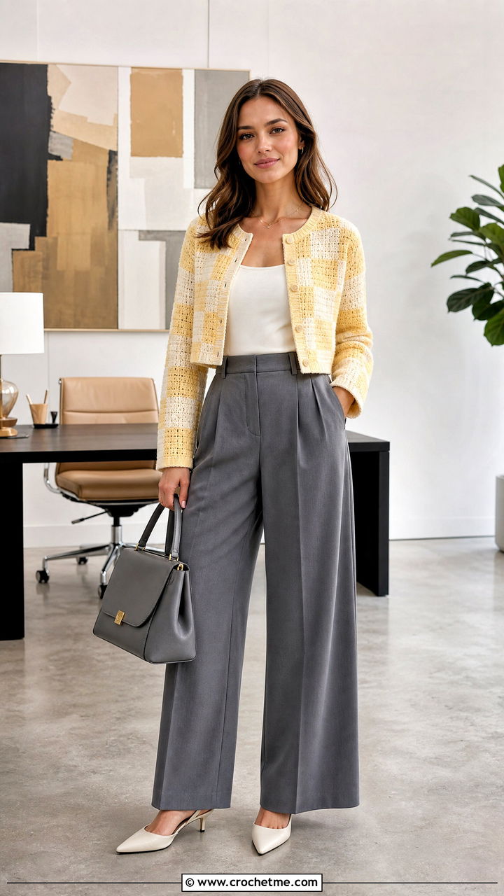Cropped Crochet Checkered Cardigan With Wide Leg Trousers - 35 crochet checkered cardigan outfit ideas