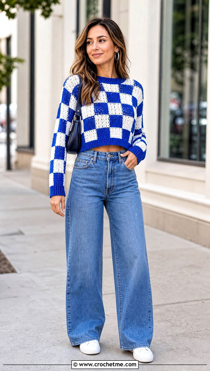 Cropped Crochet Checkered Sweater With Wide Leg Jeans - 30 crochet checkered sweater outfit ideas
