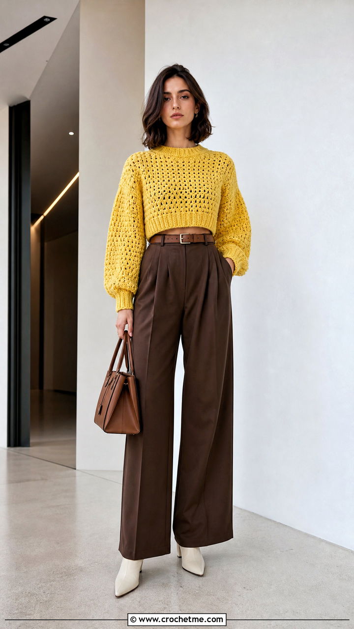 Cropped Crochet Chunky Sweater With Wide Leg Trousers - 35 crochet chunky sweater outfit ideas