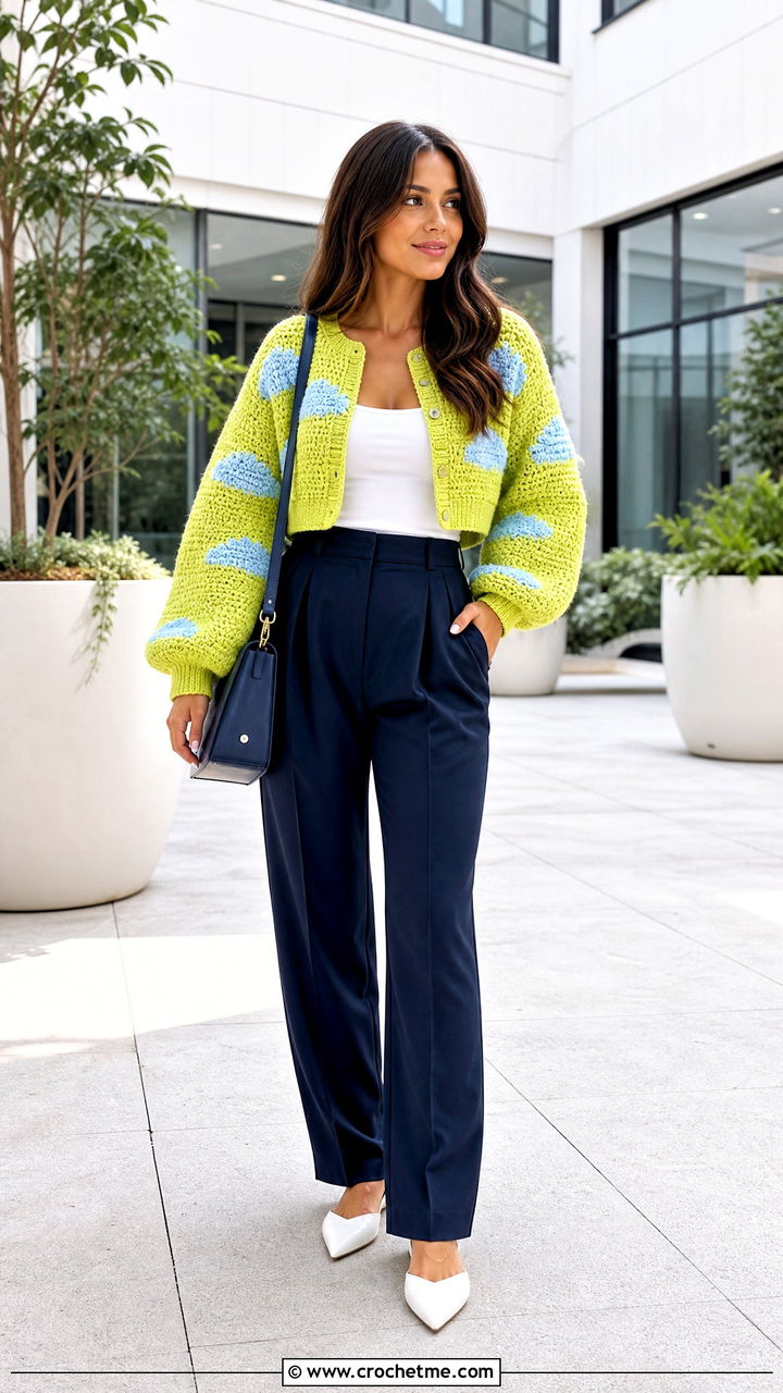 Cropped Crochet Cloud Cardigan With Pleated Trousers - 35 crochet cloud cardigan outfit ideas