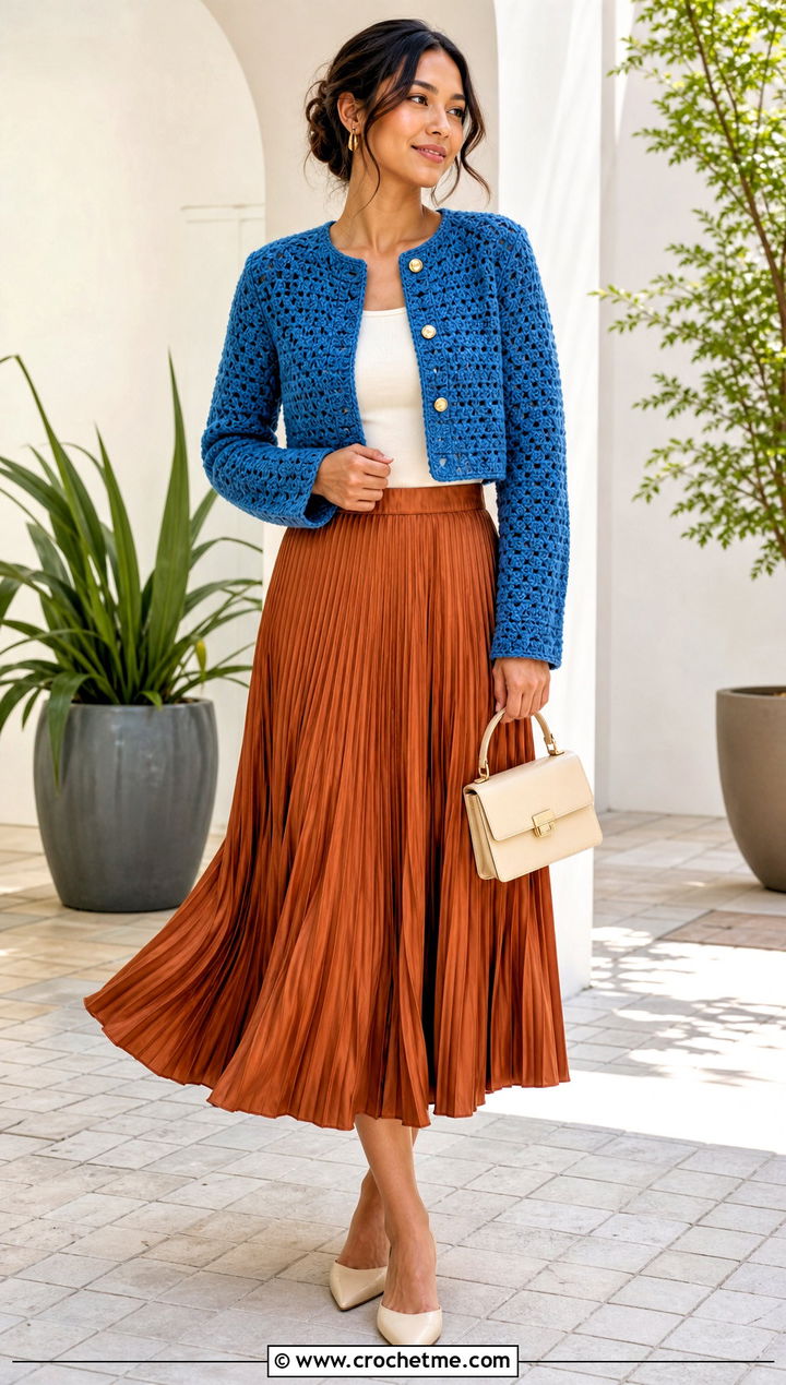 Cropped Crochet Coat With Pleated Midi Skirt - 25 crochet coat ideas