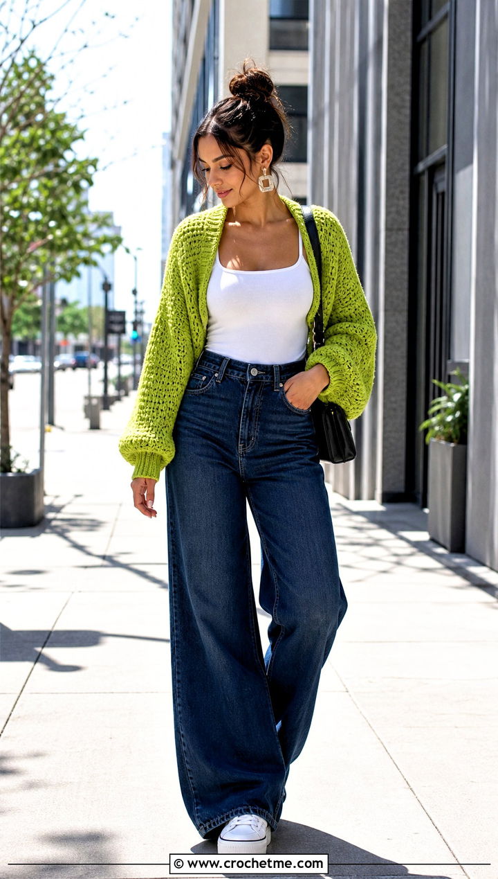 Cropped Crochet Cocoon Shrug With Wide Leg Jeans - 25 Easy Crochet Cocoon Shrug outfit ideas