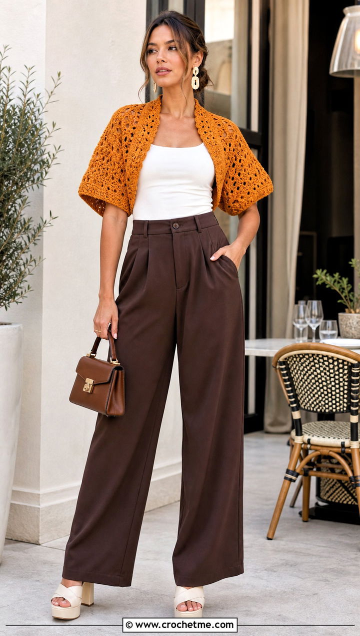 Cropped Crochet Cocoon Shrug With Wide Leg Pants - 30 crochet cocoon shrug outfit ideas