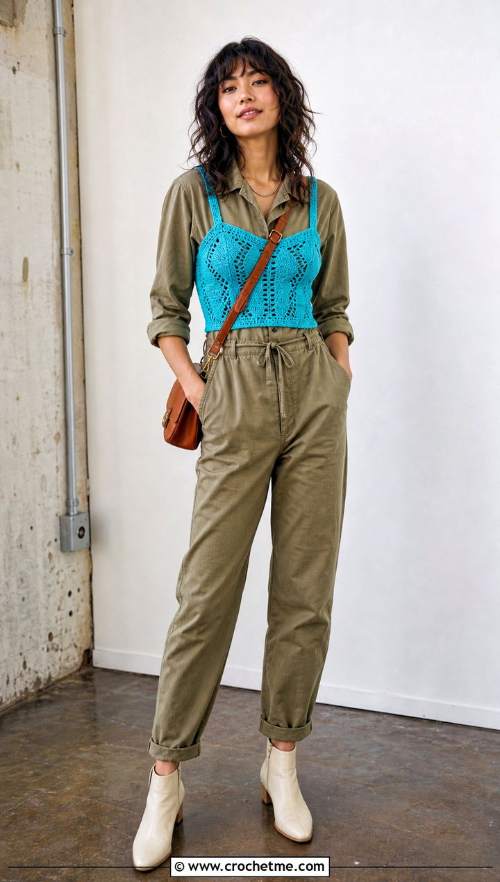 Cropped Crochet Corset With A Utility Jumpsuit - 25 easy crochet corset outfit ideas