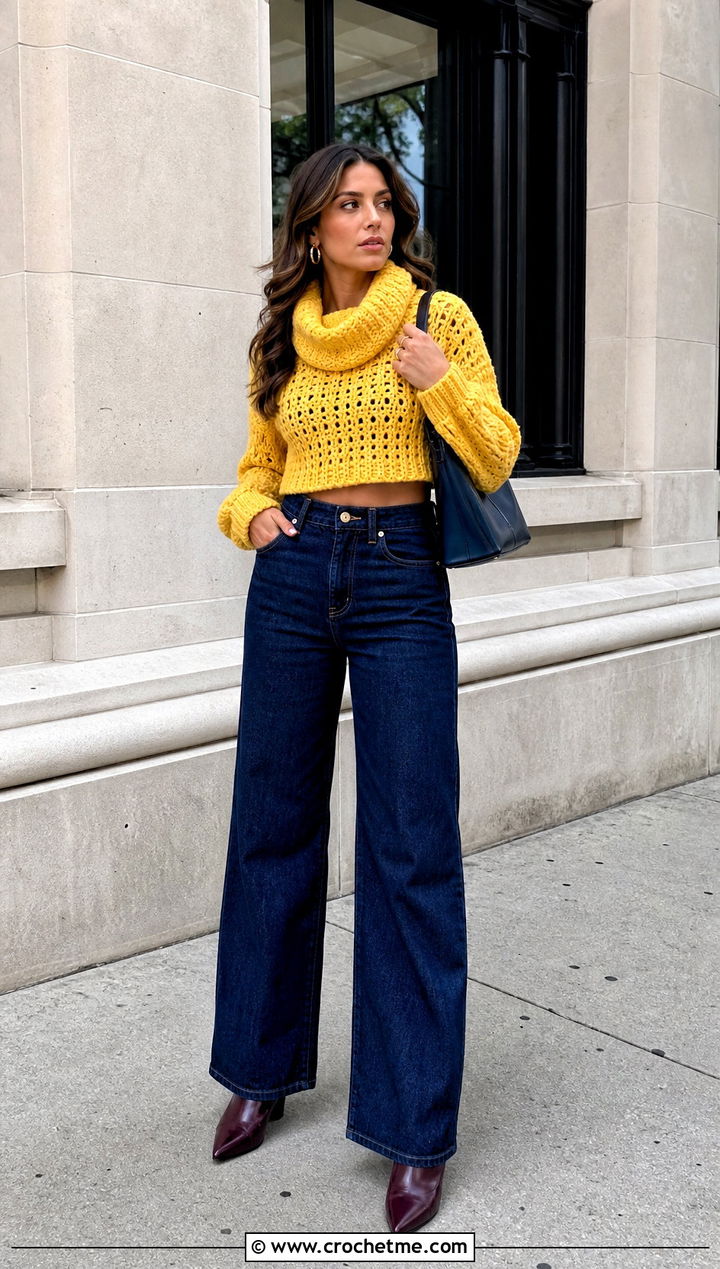 Cropped Crochet Cowl Neck Sweater With Wide Leg Jeans - 25 Crochet Cowl Neck Sweater outfit ideas