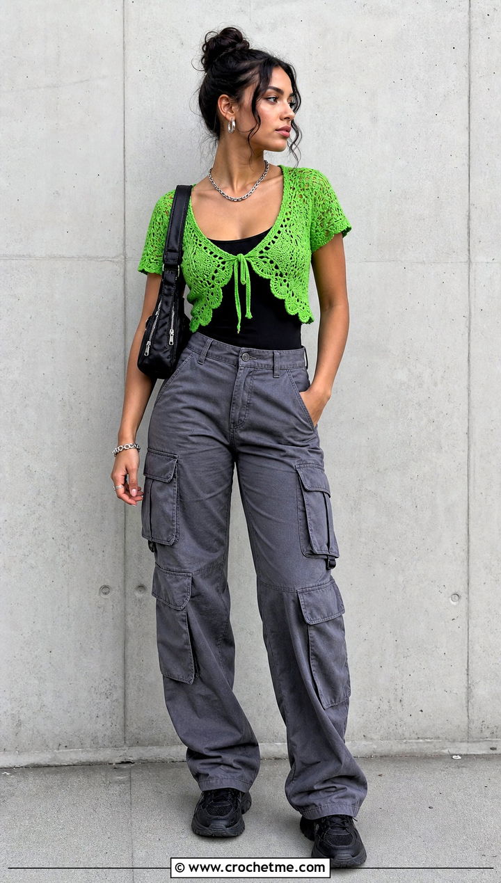Cropped Crochet Delilah Top With Cargo Pants - 30 crochet delilah top outfit ideas