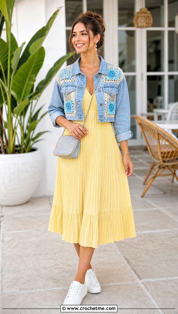 Cropped Crochet Denim Jacket With Pleated Midi Dress - 30 crochet denim jacket outfit ideas