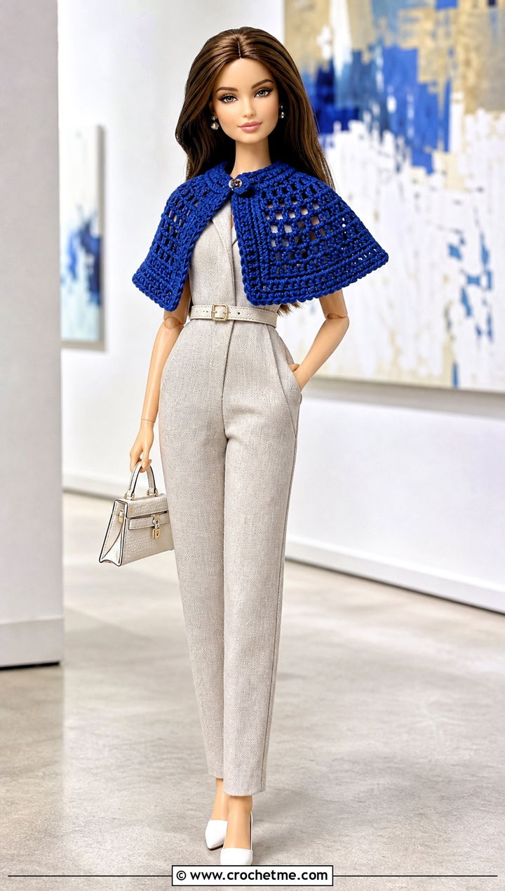 Cropped Crochet Doll Capelet With Tailored Jumpsuit - 25 Crochet Doll Cape outfit ideas