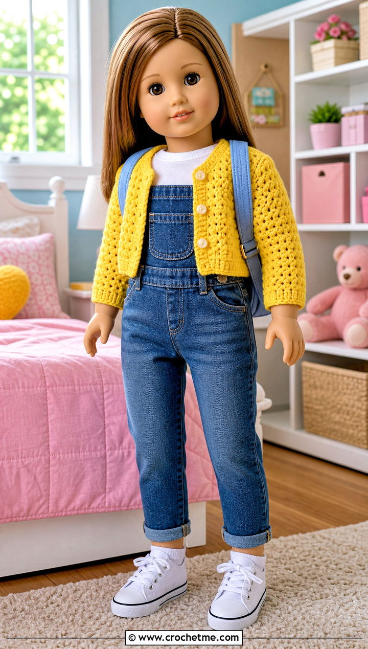 Cropped Crochet Doll Cardigan With Denim Overalls - 30 crochet doll jacket outfit ideas