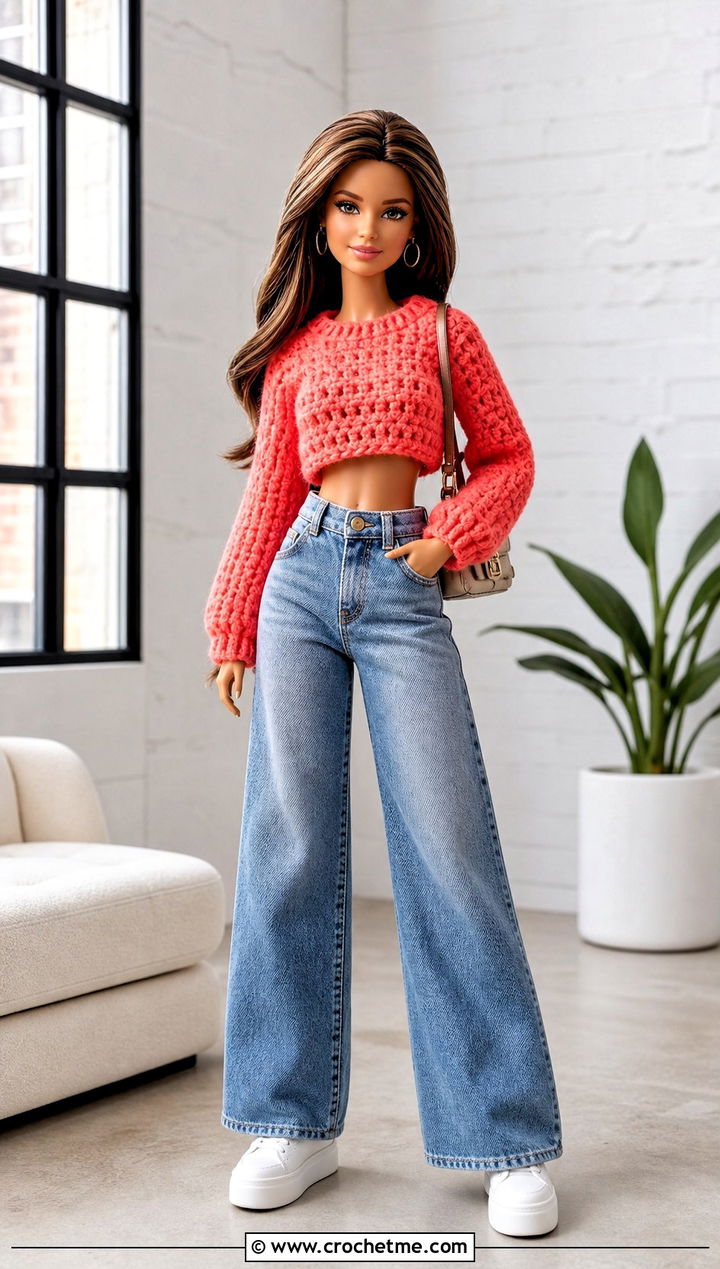Cropped Crochet Doll Sweater With Wide Leg Jeans - 20 Crochet Sweater For Dolls outfit ideas