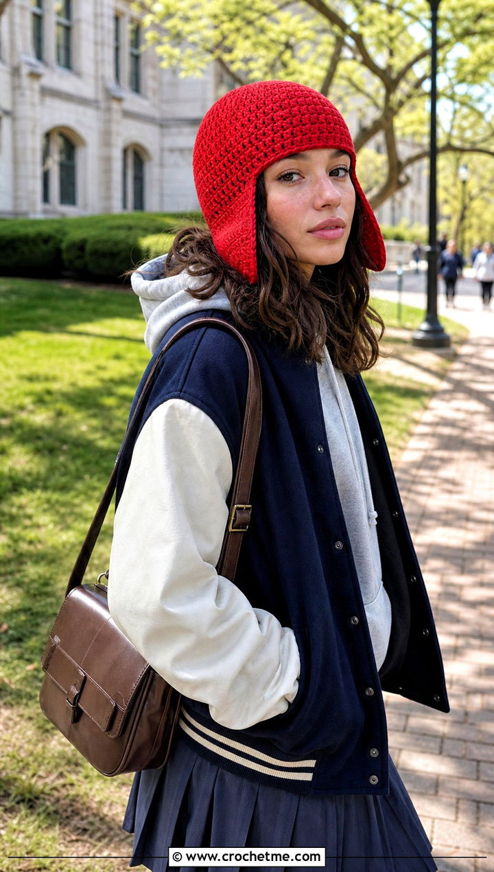 Cropped Crochet Earflap Beanie With Varsity Jacket - 30 crochet earflap beanie outfit ideas