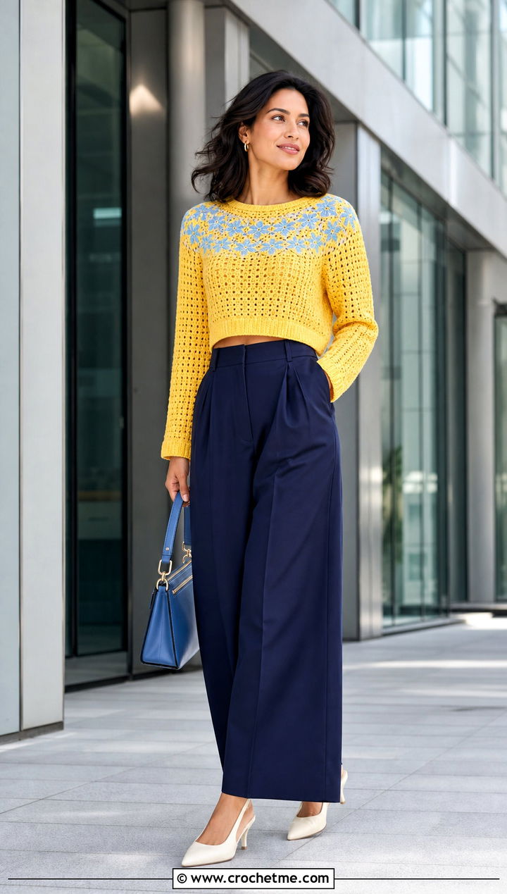 Cropped Crochet Fairisle Sweater With Wide Leg Trousers - 15 Crochet Fairisle Sweater outfit ideas