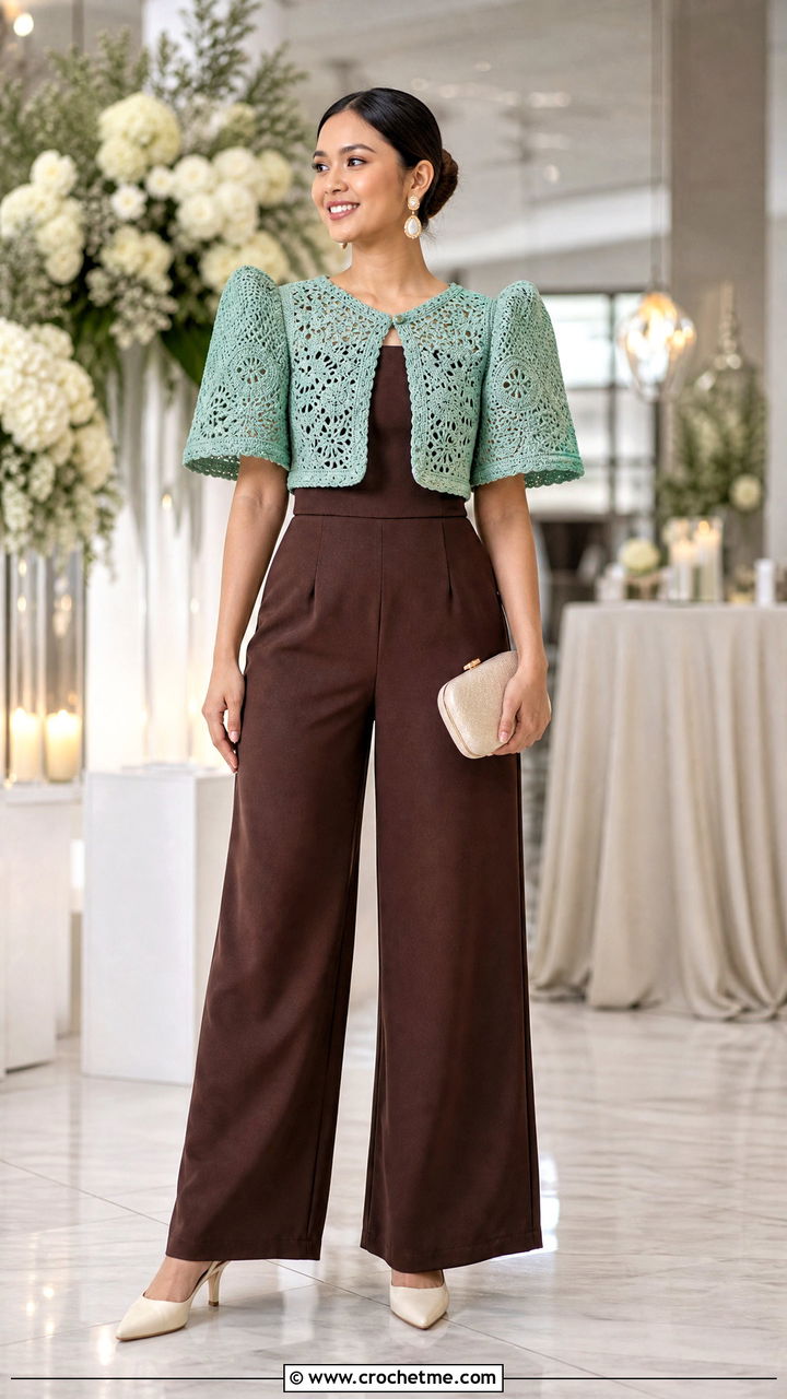 Cropped Crochet Filipiniana Bolero Top With Jumpsuit - 35 crochet filipiniana top outfit ideas