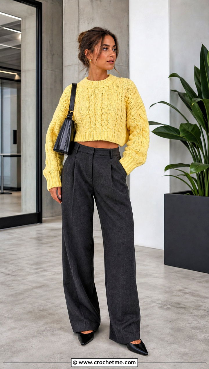 Cropped Crochet Fisherman Sweater With Wide Leg Trousers - 25 crochet fisherman sweater outfit ideas