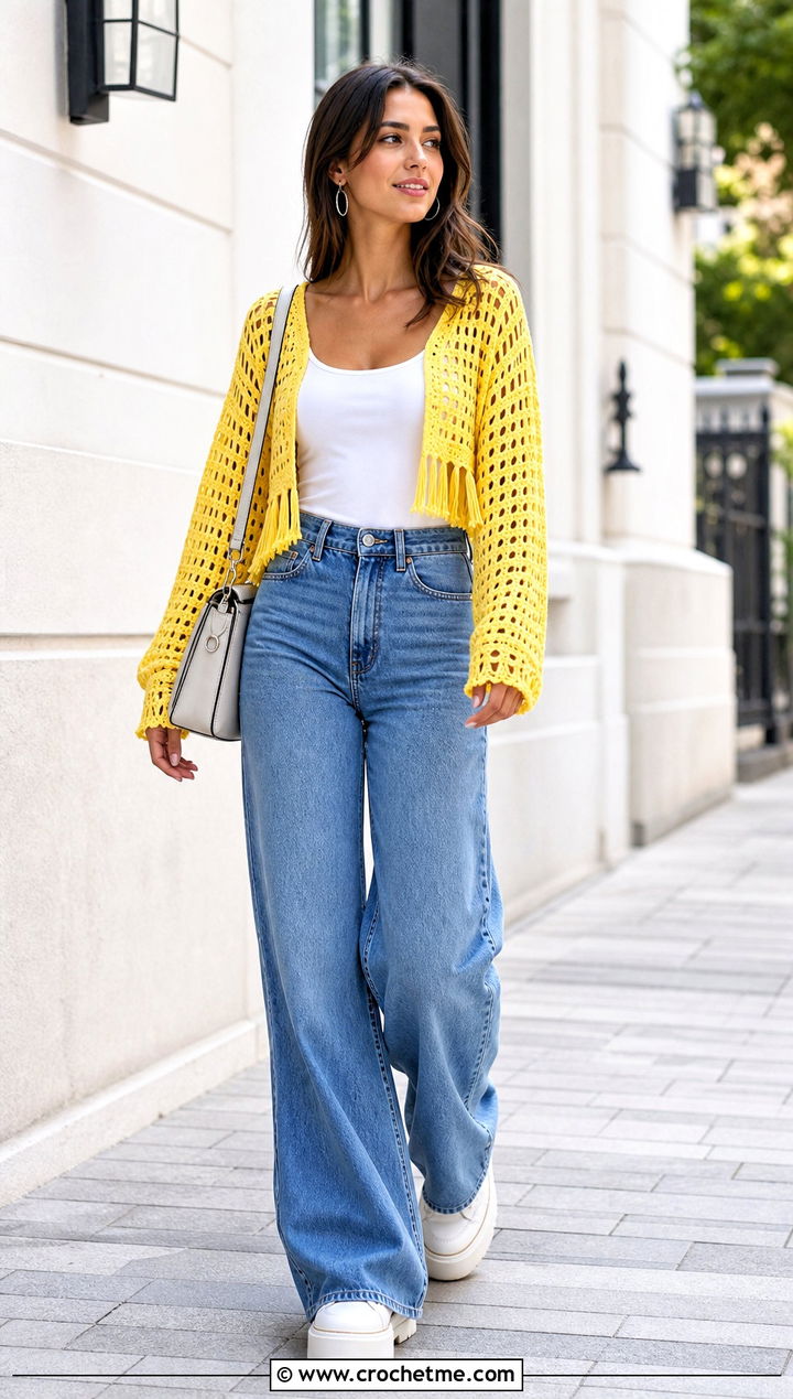 Cropped Crochet Fringe Sweater With Wide Leg Jeans - 20 Crochet Fringe Sweater outfit ideas