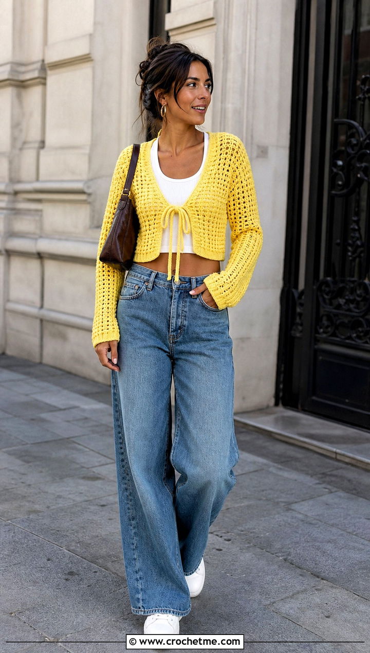 Cropped Crochet Front Tie Cardigan With Wide Leg Jeans - 30 crochet front tie top outfit ideas