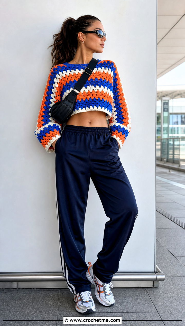 Cropped Crochet Granny Stripe Sweater With Track Pants - 25 Crochet Granny Stripe Sweater outfit ideas