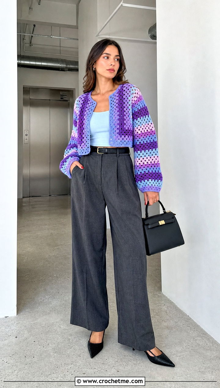 Cropped Crochet Granny Stripe Sweater With Wide Leg Trousers - 25 Crochet Granny Stripe Sweater outfit ideas