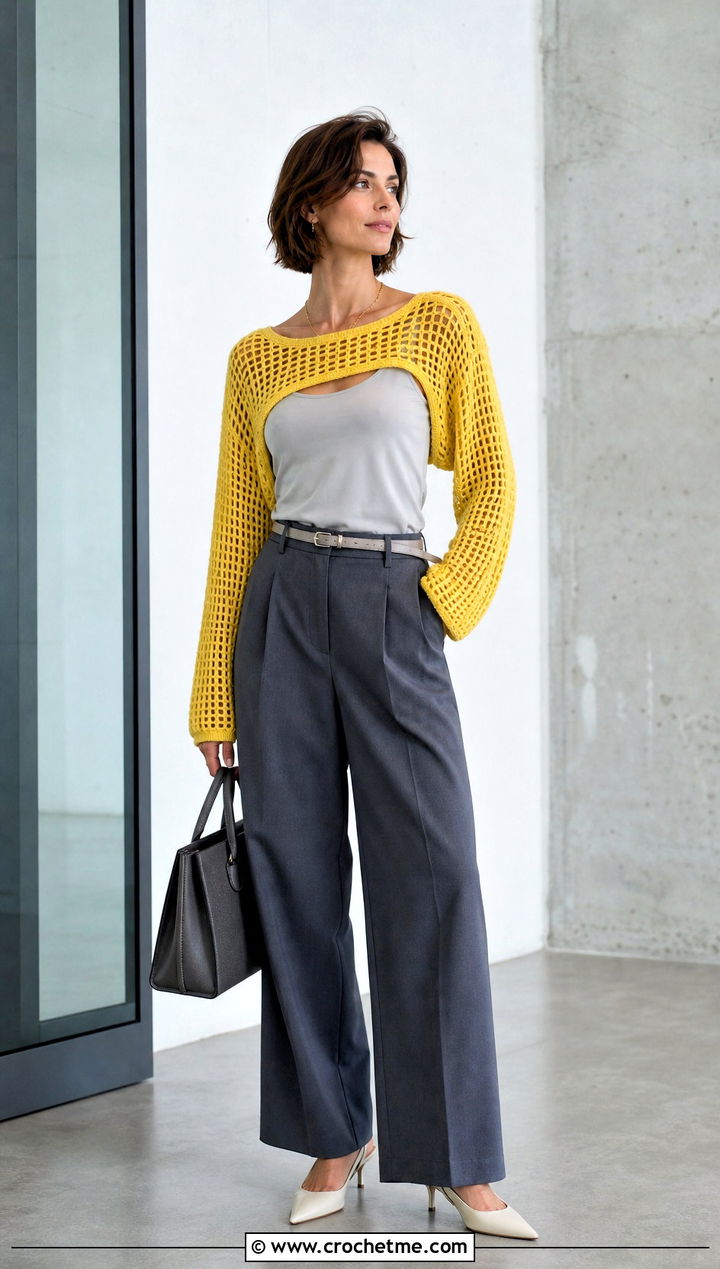 Cropped Crochet Grid Sweater With Wide Leg Trousers - 30 crochet grid sweater outfit ideas
