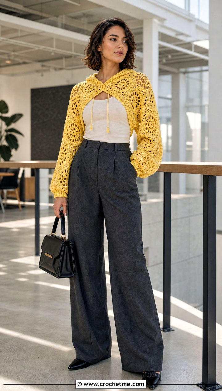 Cropped Crochet Hexagon Hoodie With Wide Leg Trousers - 30 crochet hexagon hoodie outfit ideas