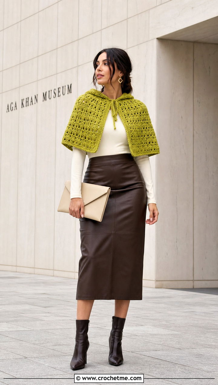 Cropped Crochet Hooded Capelet With Leather Midi Skirt - 35 crochet hooded cape outfit ideas