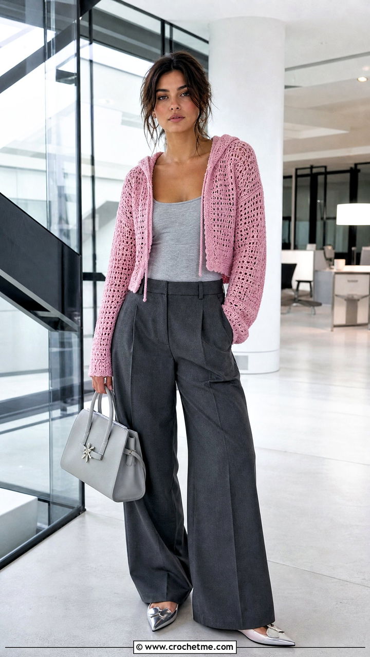 Cropped Crochet Hooded Cardigan With Wide Leg Trousers - 35 crochet hooded cardigan outfit ideas