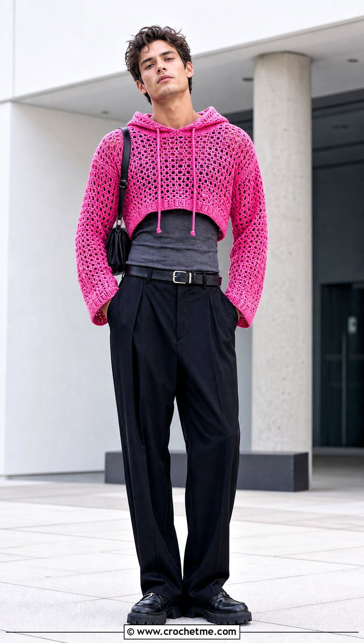Cropped Crochet Hoodie With High Waisted Trousers - 30 Crochet Hoodies For Men outfit ideas