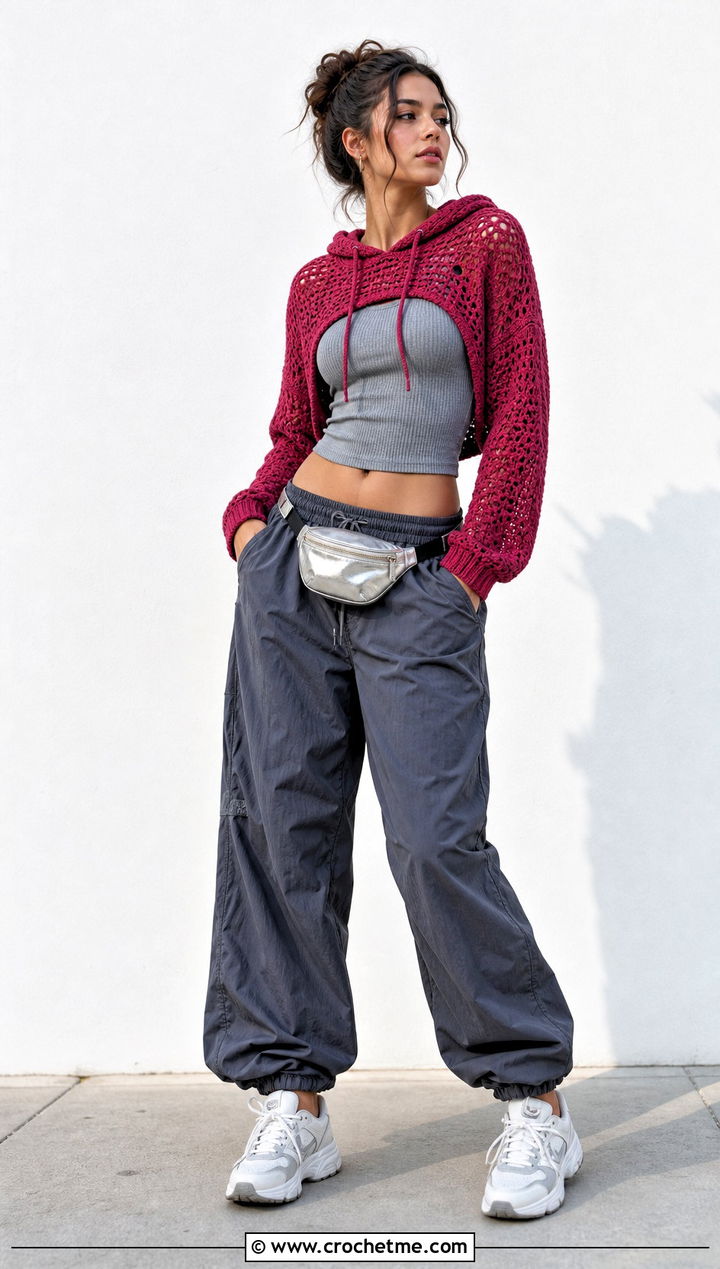 Cropped Crochet Hoodie With Parachute Pants - 25 women crochet pullover outfit ideas