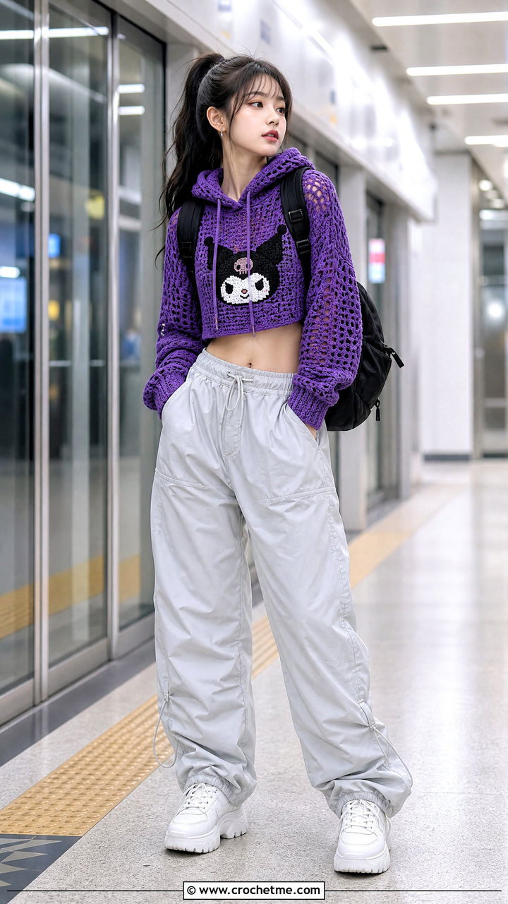 Cropped Crochet Hoodie With Parachute Pants - 35 anime crochet clothes and outfit ideas