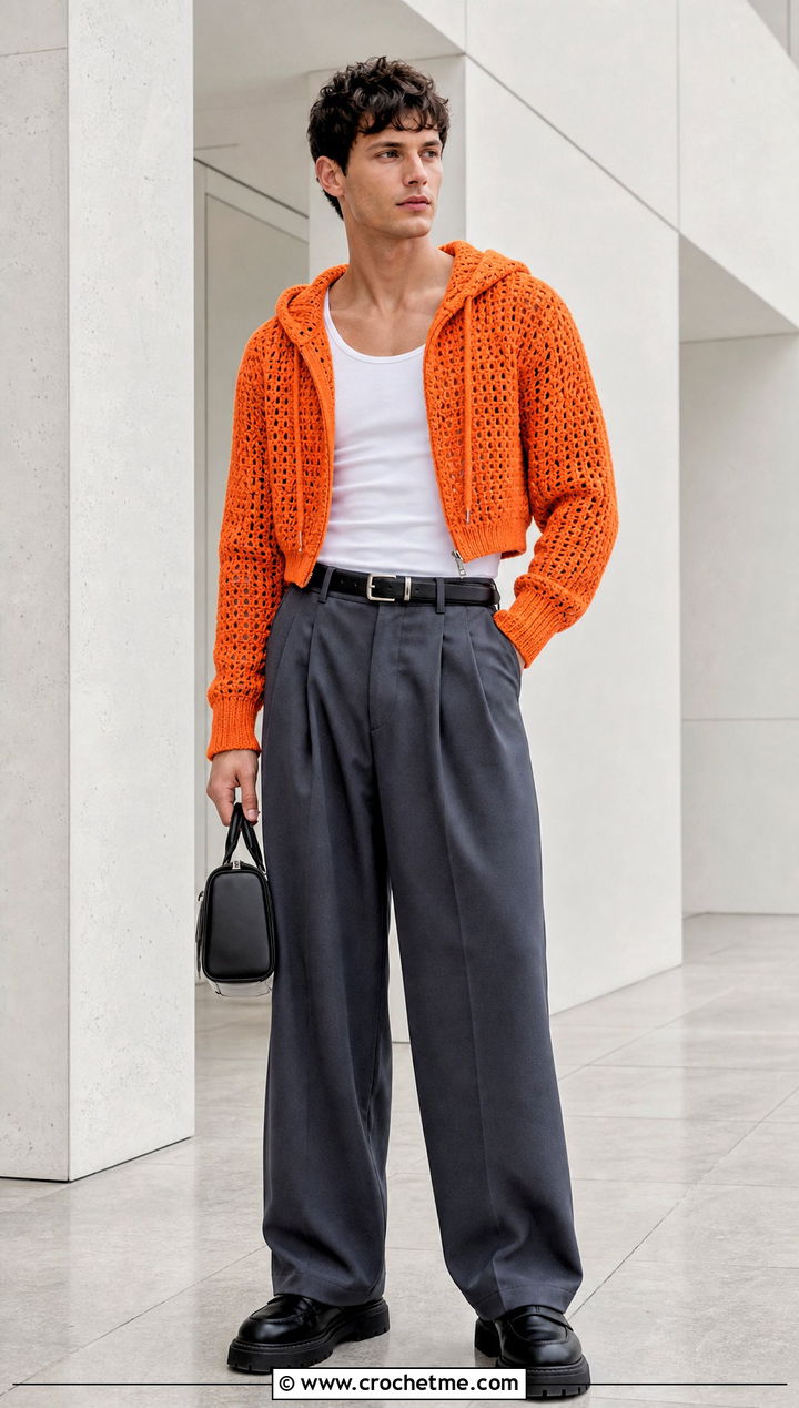 Cropped Crochet Hoodie With Pleated Pants - 35 crochet hoodie for men outfit ideas