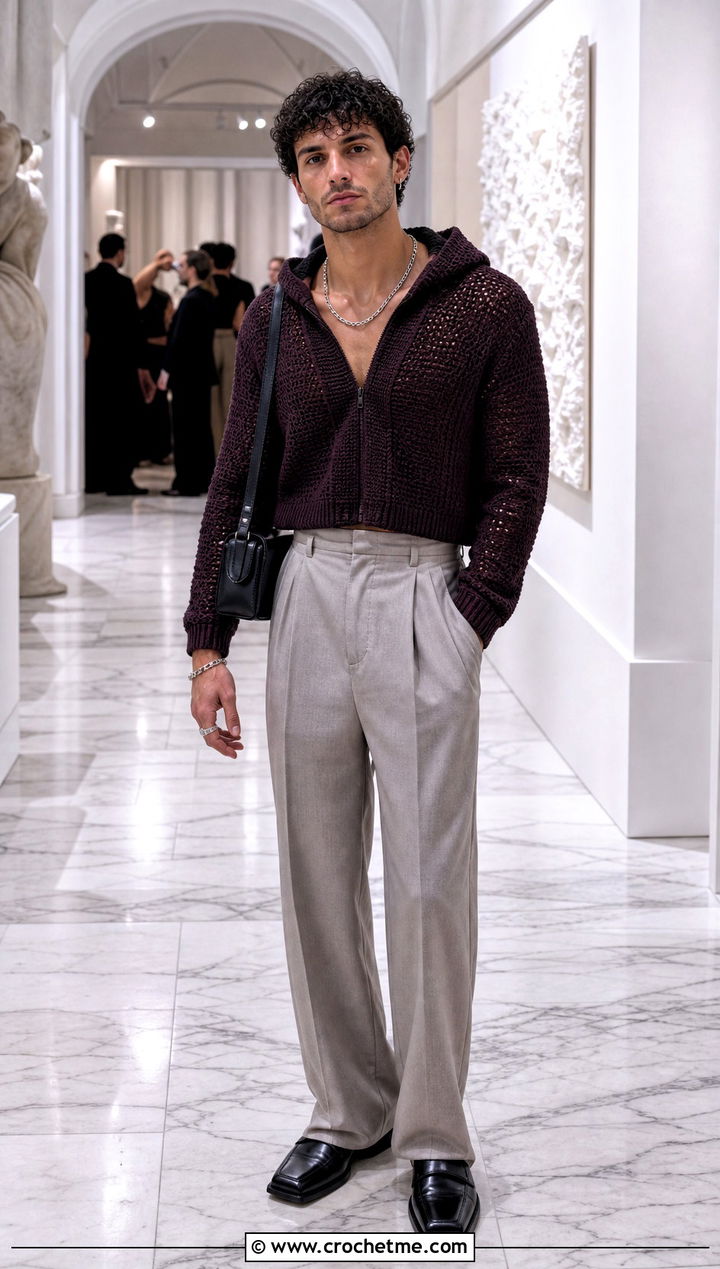 Cropped Crochet Hoodie With Pleated Trousers - 30 crochet mens hoodie outfit ideas