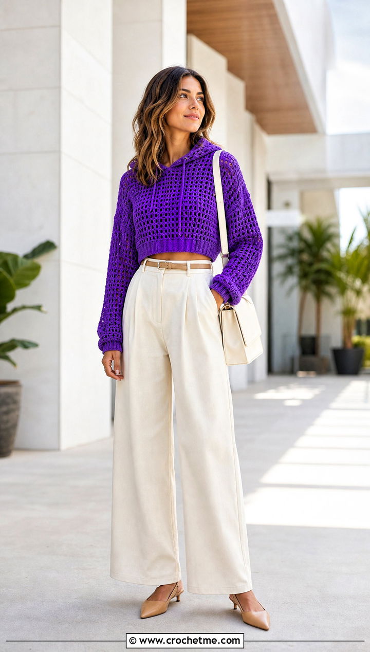 Cropped Crochet Hoodie With Wide Leg Trousers - 25 Easy Crochet Hoodie outfit ideas
