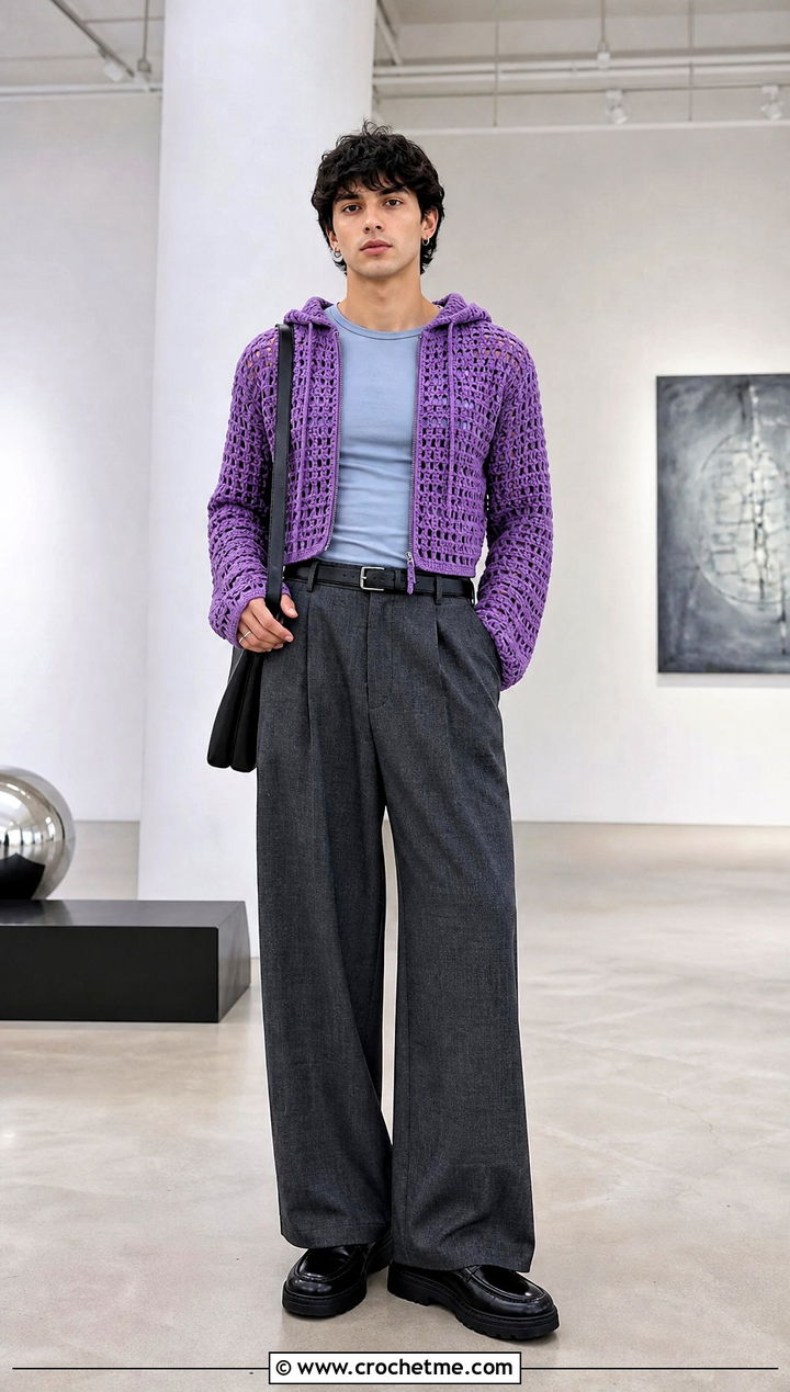 Cropped Crochet Hoodie With Wide Leg Trousers - 25 Crochet Hoodie Men outfit ideas