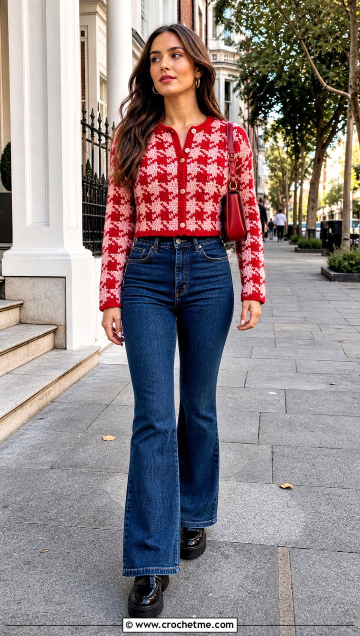 Cropped Crochet Houndstooth Cardigan With Flare Jeans - 35 crochet houndstooth sweater outfit ideas