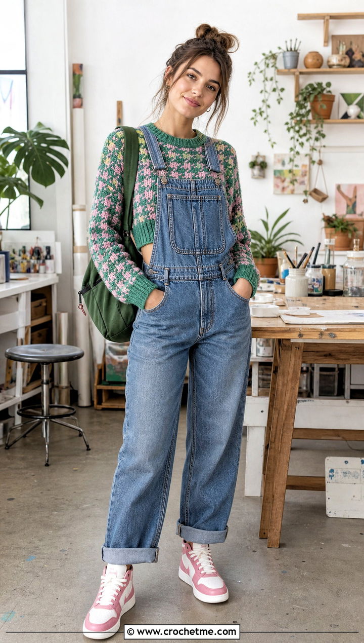 Cropped Crochet Houndstooth Pullover With Denim Overalls - 35 crochet houndstooth sweater outfit ideas