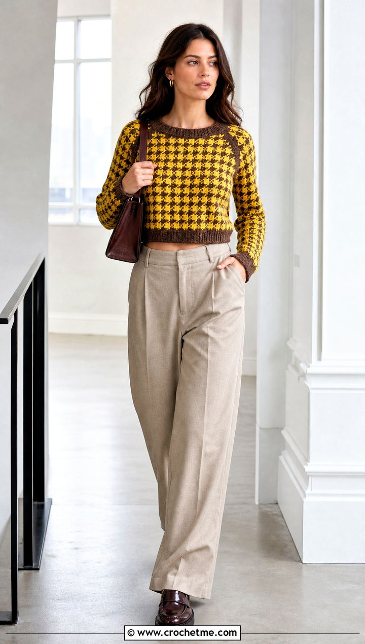 Cropped Crochet Houndstooth Raglan Sweater With Wide Leg Trousers - 35 crochet houndstooth sweater outfit ideas