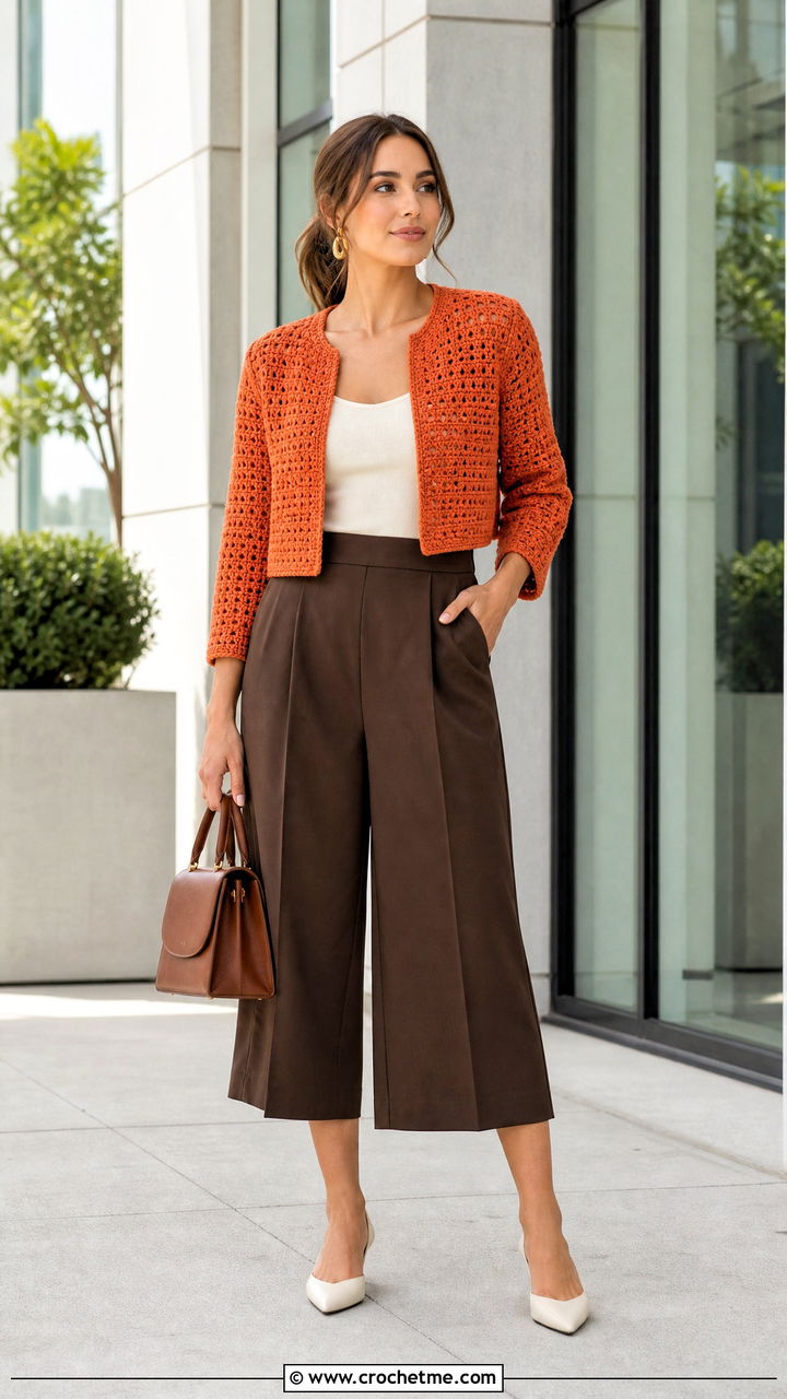 Cropped Crochet Jacket With High Waisted Culottes - 35 crochet coats & jackets outfit ideas
