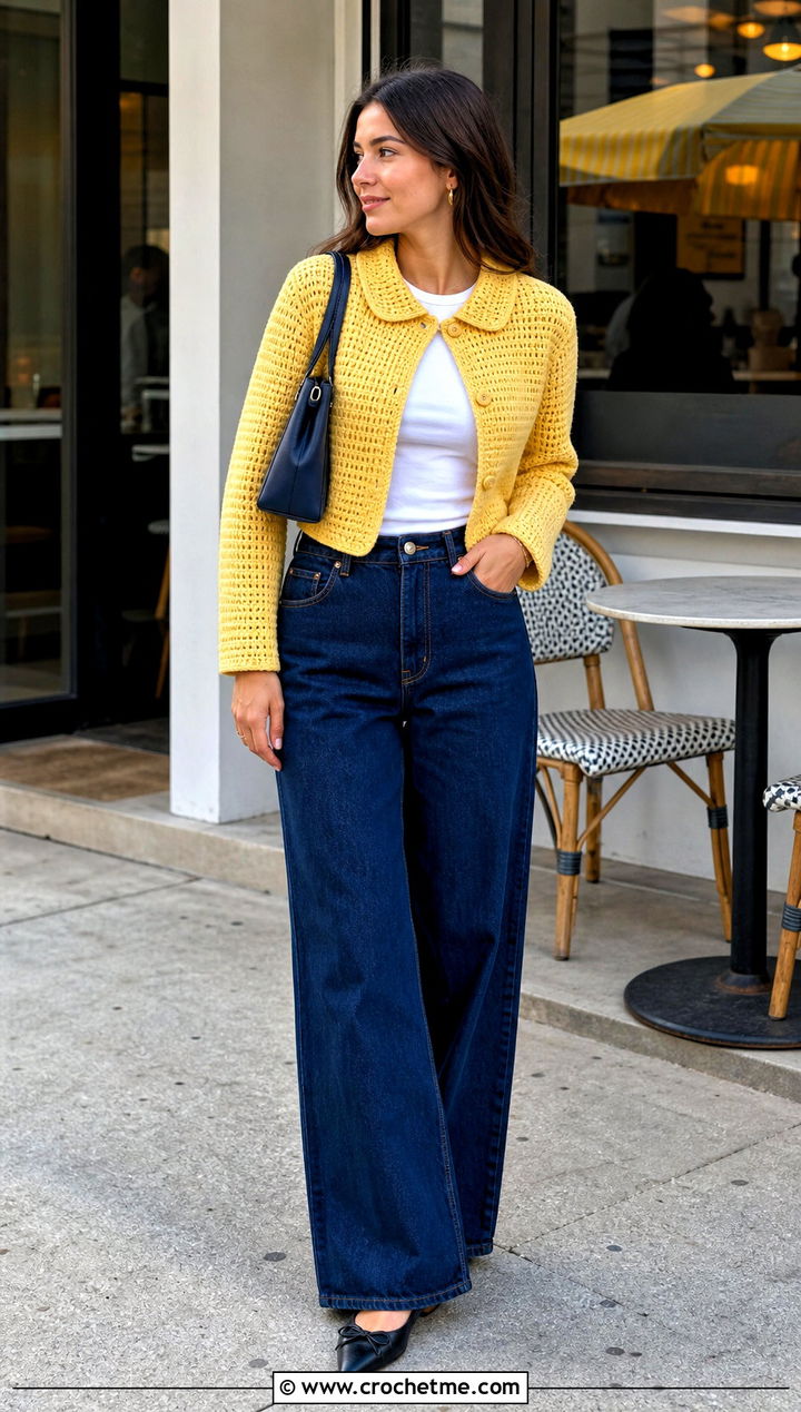 Cropped Crochet Jacket With Peter Pan Collar And Wide Leg Jeans - 25 Crochet Jacket With Collar outfit ideas