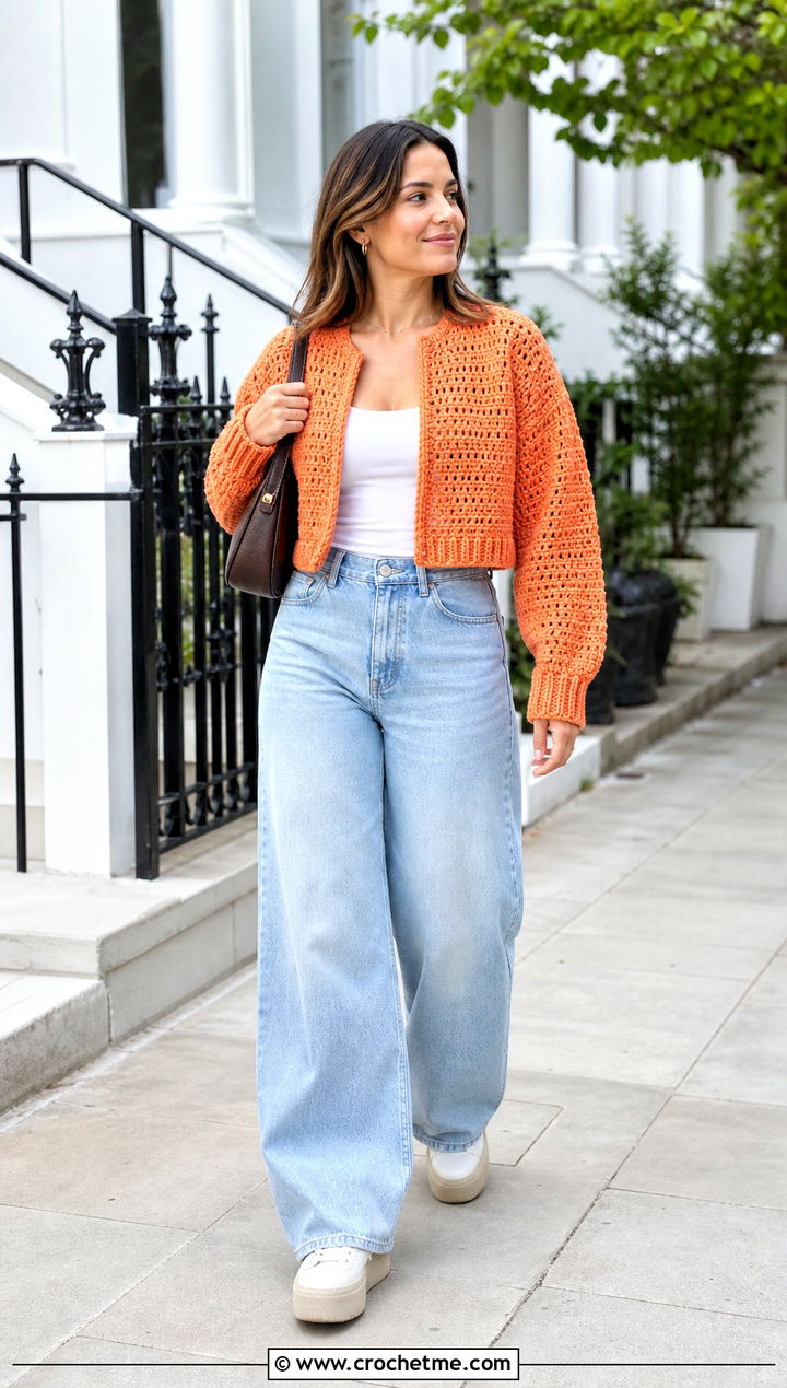 Cropped Crochet Jacket With Wide Leg Jeans - 15 beginner crochet jacket ideas