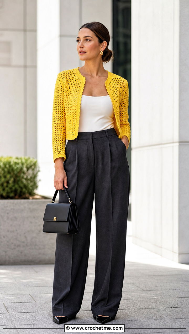 Cropped Crochet Jacket With Wide Leg Trousers - 15 crochet jacket for beginners outfit ideas