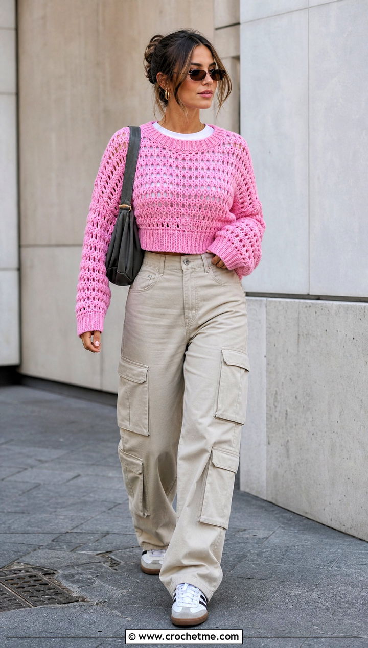 Cropped Crochet Jumper With Cargo Pants - 20 Beginner Crochet Jumper outfit ideas
