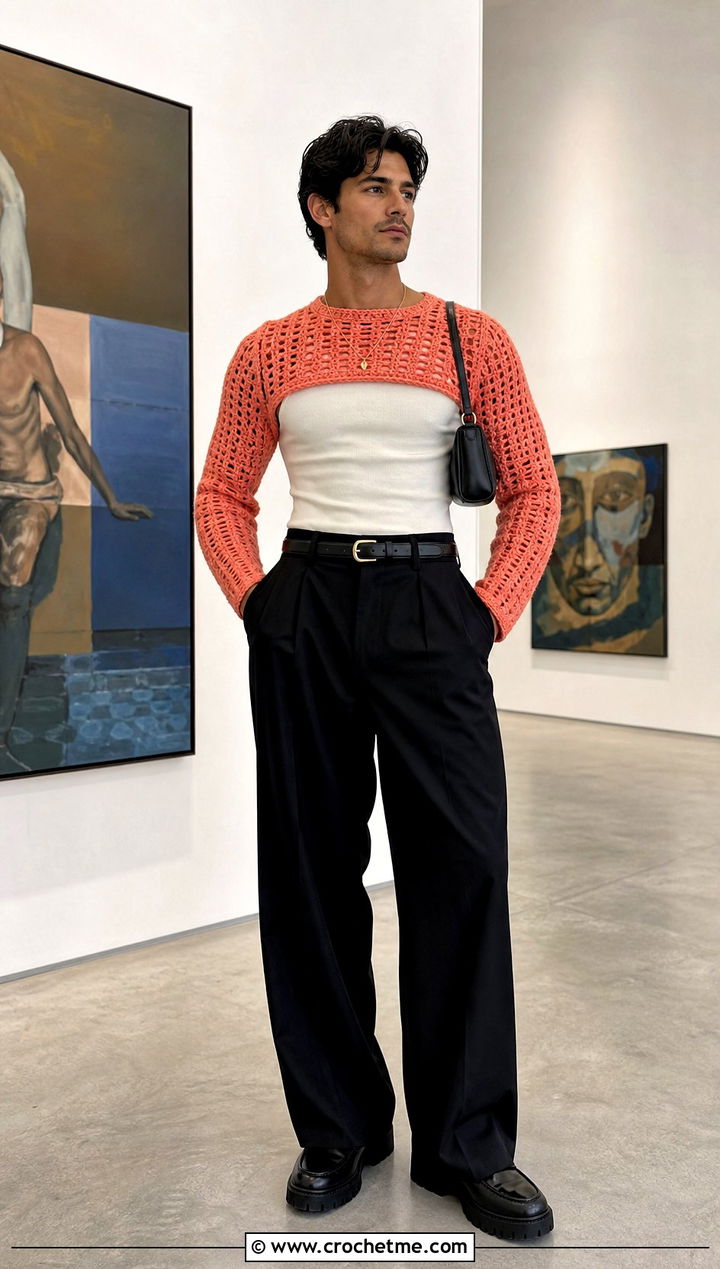 Cropped Crochet Jumper With High Waisted Trousers - 25 mens crochet jumper outfit ideas