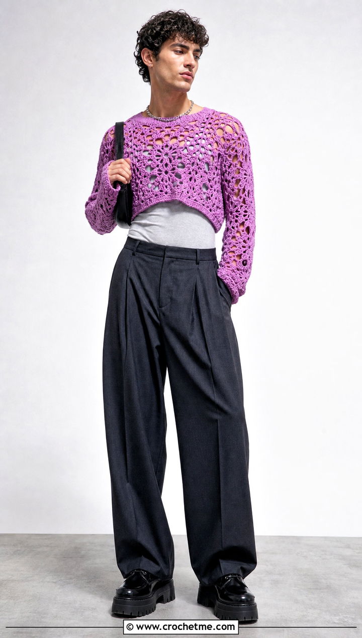Cropped Crochet Jumper With High Waisted Trousers - 35 men crochet jumper outfit ideas