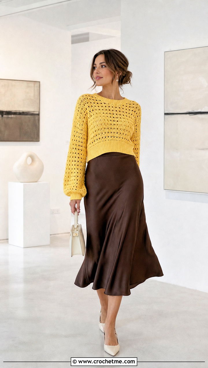Cropped Crochet Jumper With Satin Midi Skirt - 25 crochet jumper for women outfit ideas