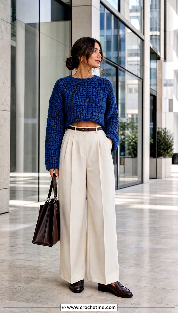 Cropped Crochet Jumper With Wide Leg Trousers - 35 easy crochet jumper outfit ideas